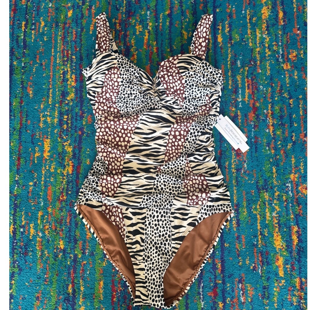 NWT Bleu Rod Beattie One Piece Swimsuit Natural Animal Print Ruched Women Size 8
